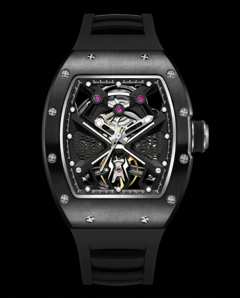 Apex Mechanical Skeleton Barrel N-101 Watch with Black Silicone Strap