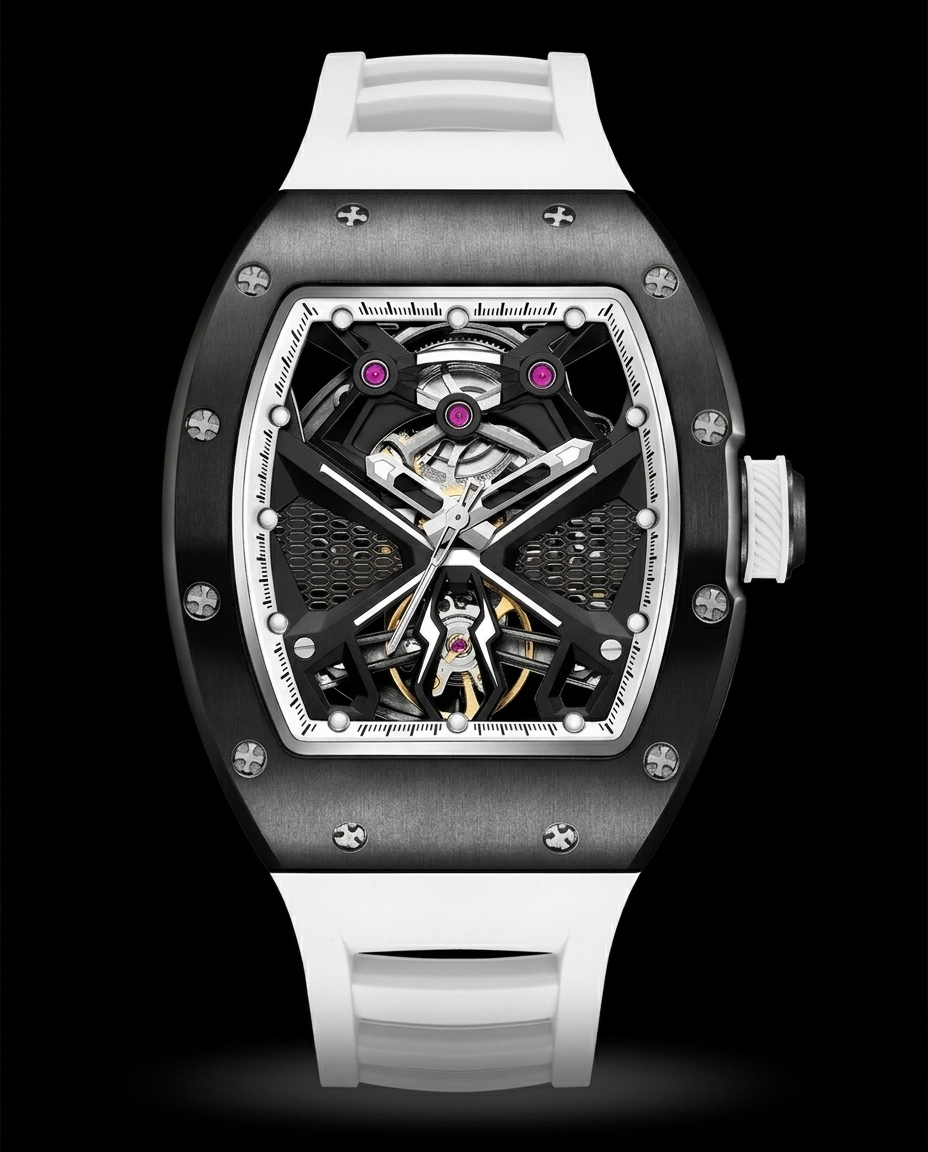 Apex Mechanical Skeleton Barrel N-101 Watch with White Silicone Strap