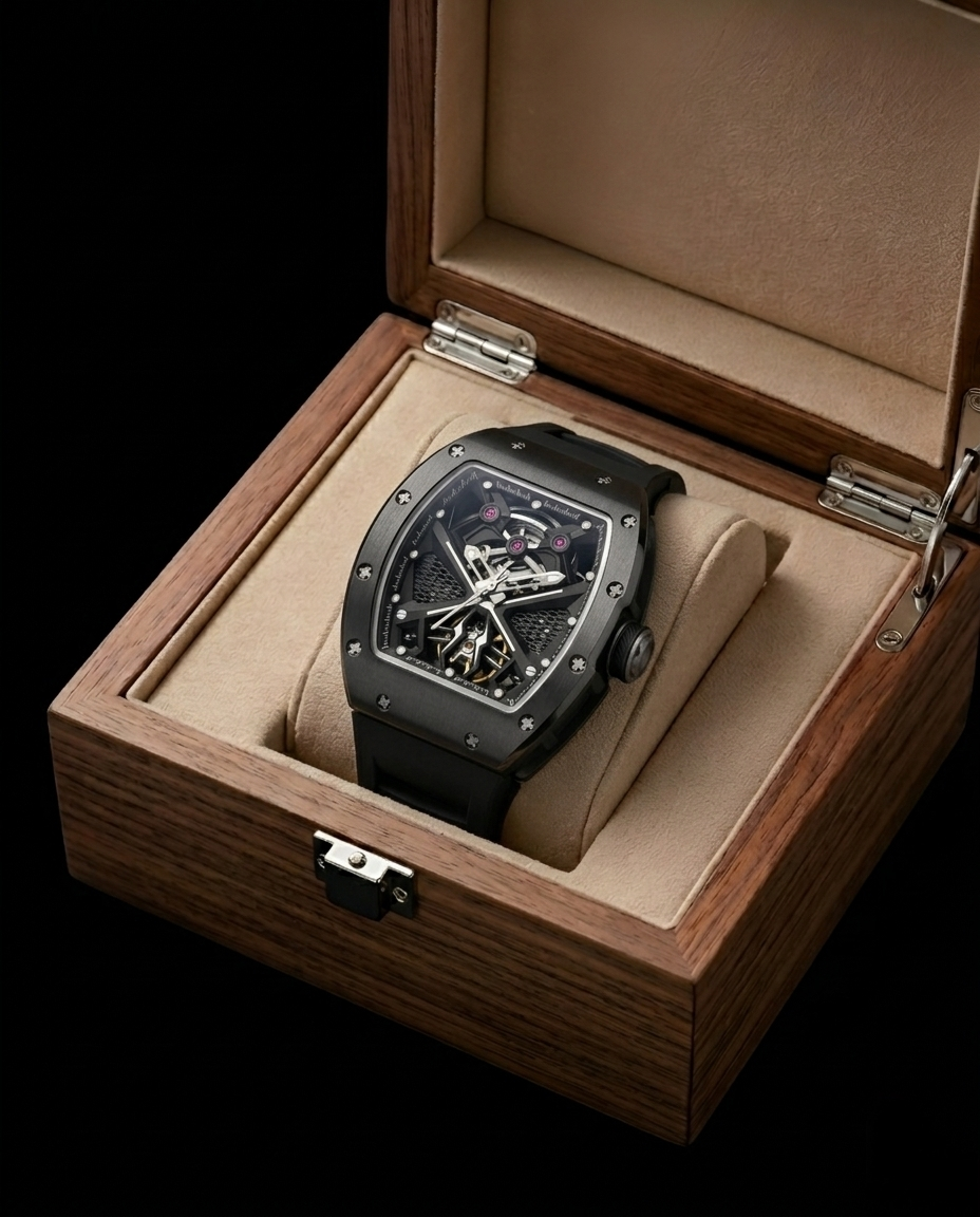 Apex Mechanical Skeleton Barrel N-101 Watch with Black Silicone Strap