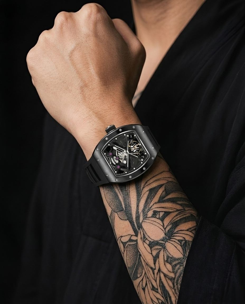 Apex Mechanical Skeleton Barrel N-101 Watch with Black Silicone Strap