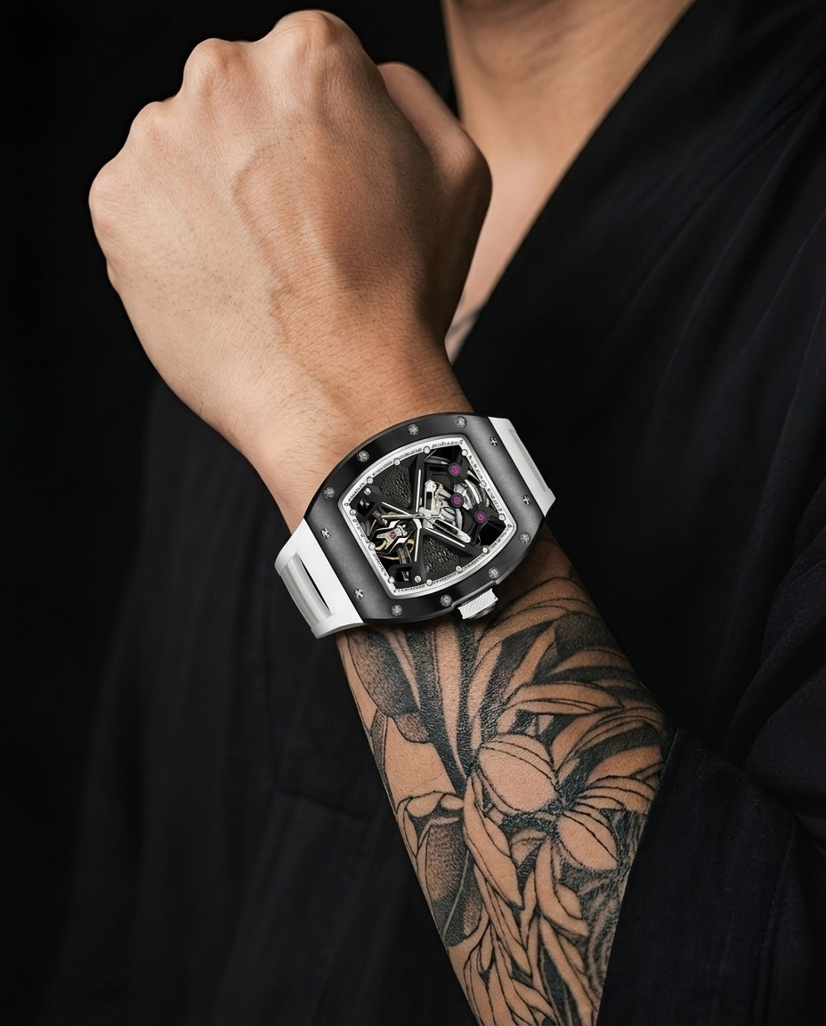 Apex Mechanical Skeleton Barrel N-101 Watch with White Silicone Strap