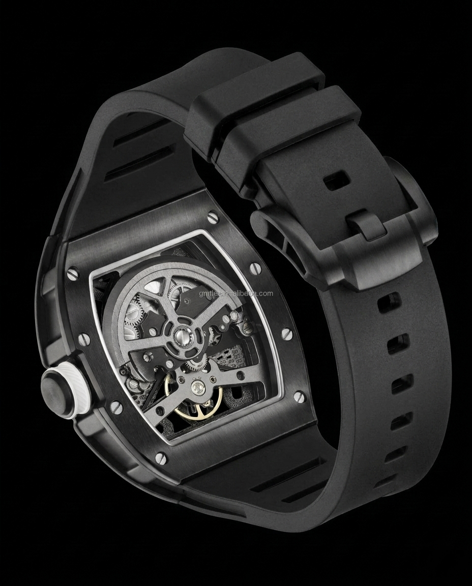 Apex Mechanical Skeleton Barrel N-101 Watch with Black Silicone Strap