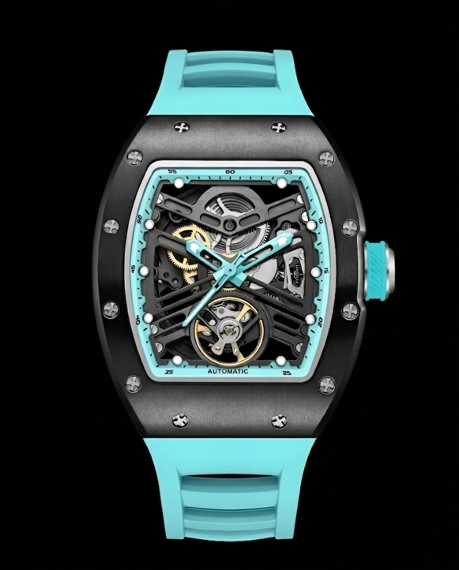 Vortex Hollow-Out Automatic N-201 Watch with Blue Silicone Strap