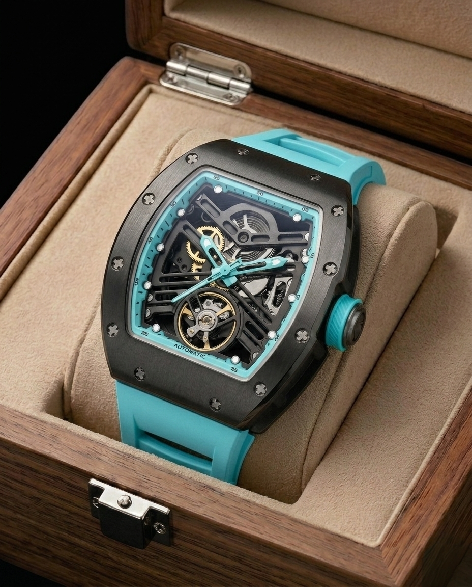 Vortex Hollow-Out Automatic N-201 Watch with Blue Silicone Strap